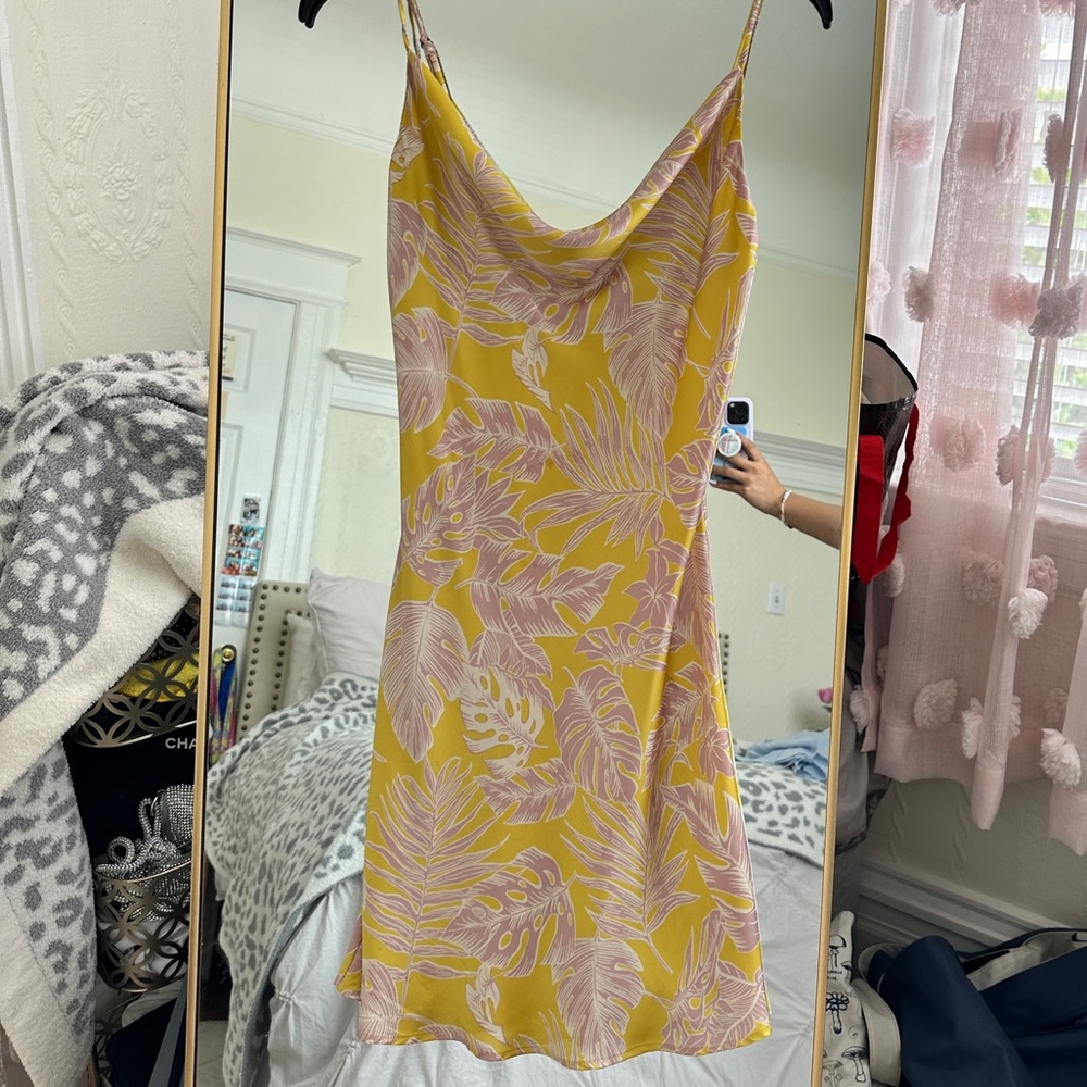 Audrey Yellow and Pink palm tree satin mini dress cowl neck